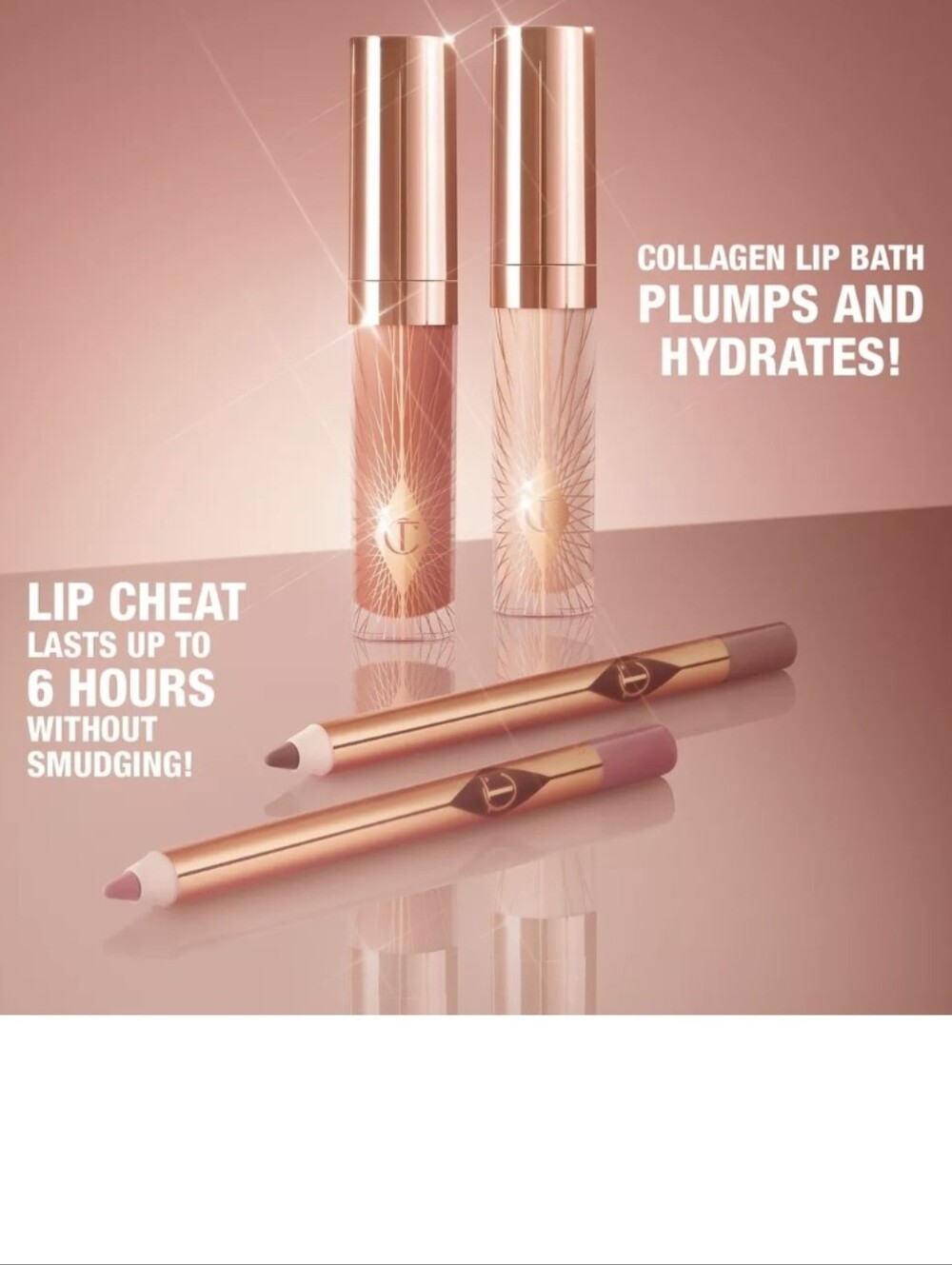 Charlotte Tilbury Glossy Nude Pink Lip Duo w/Lip Cheat & Collagen Lip Bath, NIB - Picture 7 of 10